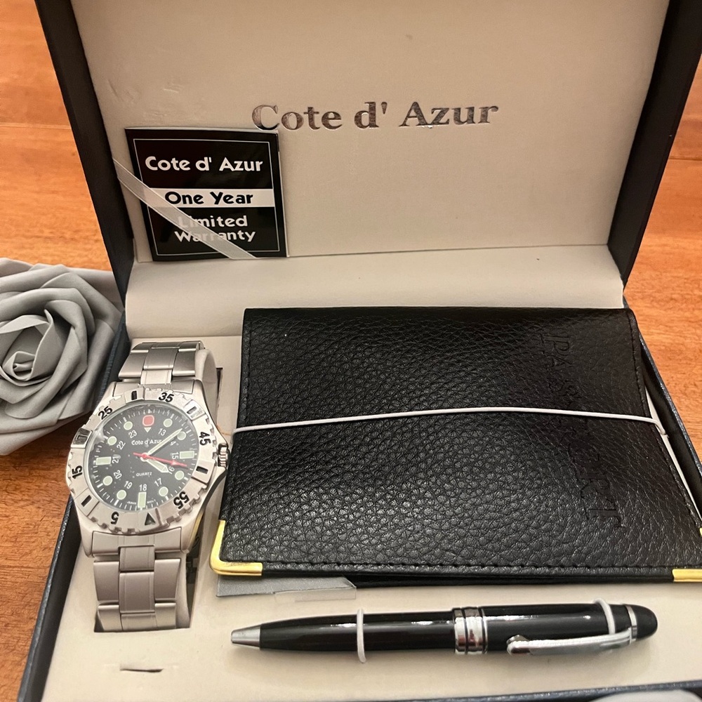 Silver and Black Men's Watch, Passport Wallet and Pen